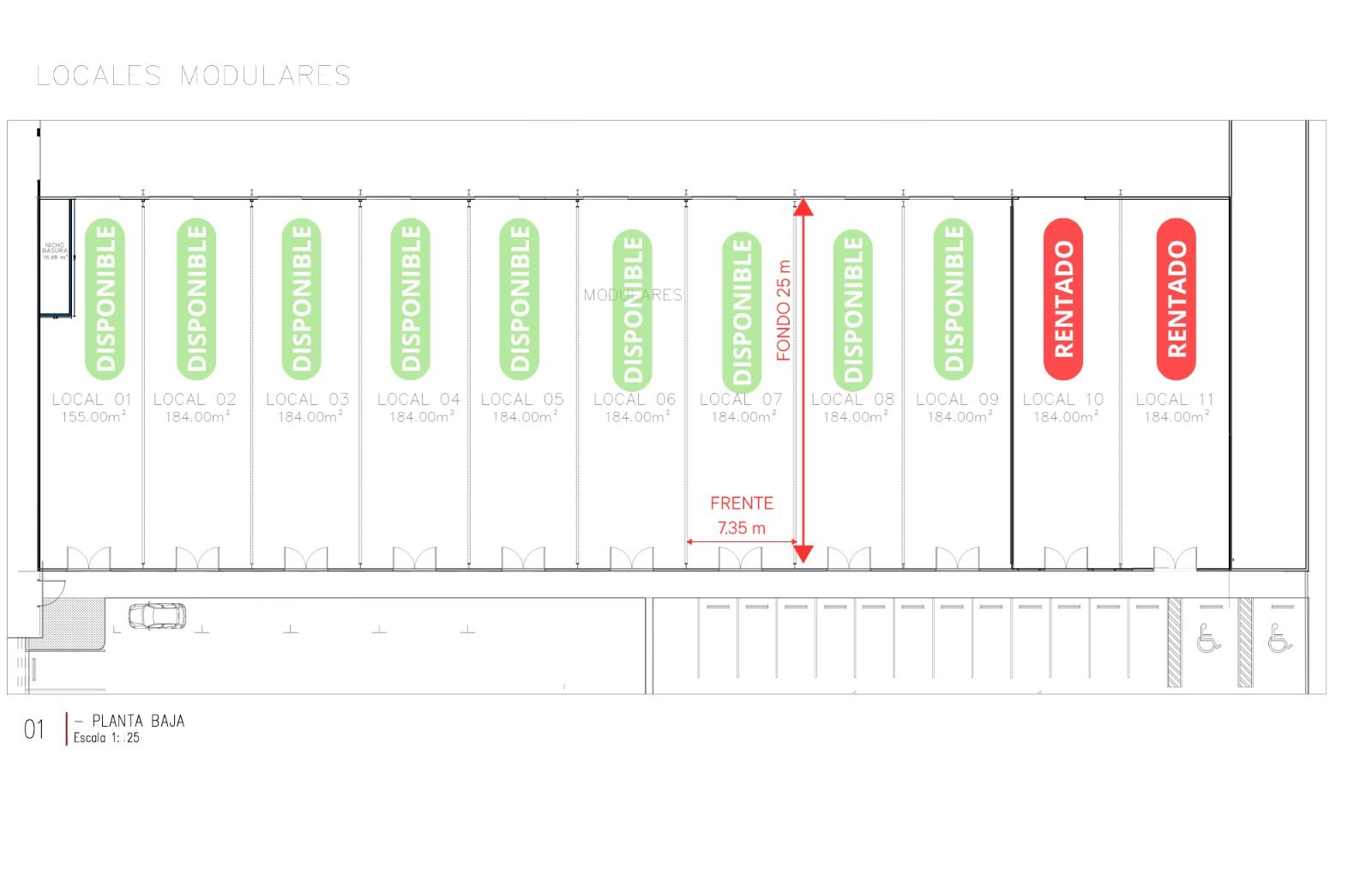 Plano de planta baja de las bodegas flex de Otay Hub: B-01 a B-09 disponibles y las dos últimas rentadas, con frente de 7.35 m y fondo de 25 m